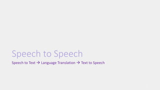 Speech to Speech
Speech to Text  Language Translation  Text to Speech
7
 