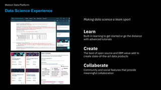 Data Science Experience
Watson Data Platform
Learn
Built-in learning to get started or go the distance
with advanced tutor...