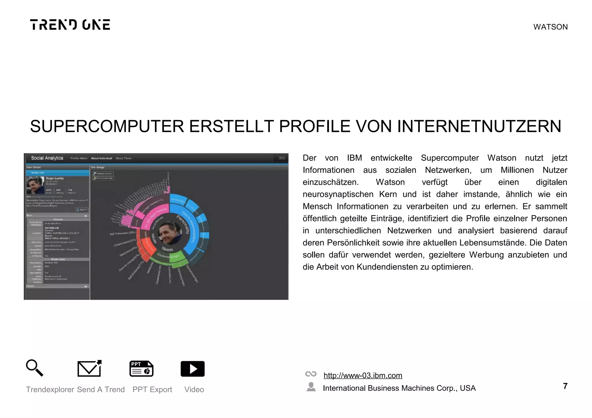 SUPERCOMPUTER ERSTELLT PROFILE VON INTERNETNUTZERN
Der von IBM entwickelte Supercomputer Watson nutzt jetzt
Informationen aus sozialen Netzwerken, um Millionen Nutzer
einzuschätzen. Watson verfügt über einen digitalen
neurosynaptischen Kern und ist daher imstande, ähnlich wie ein
Mensch Informationen zu verarbeiten und zu erlernen. Er sammelt
öffentlich geteilte Einträge, identifiziert die Profile einzelner Personen
in unterschiedlichen Netzwerken und analysiert basierend darauf
deren Persönlichkeit sowie ihre aktuellen Lebensumstände. Die Daten
sollen dafür verwendet werden, gezieltere Werbung anzubieten und
die Arbeit von Kundendiensten zu optimieren.
http://www-03.ibm.com
International Business Machines Corp., USA 7Trendexplorer Send A Trend PPT Export Video
WATSON
 