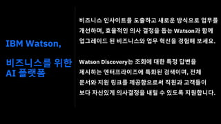 비즈니스 인사이트를 도출하고 새로운 방식으로 업무를
개선하며, 효율적인 의사 결정을 돕는 Watson과 함께
업그레이드 된 비즈니스와 업무 혁신을 경험해 보세요.
Watson Discovery는 조회에 대한 특정 답변을...