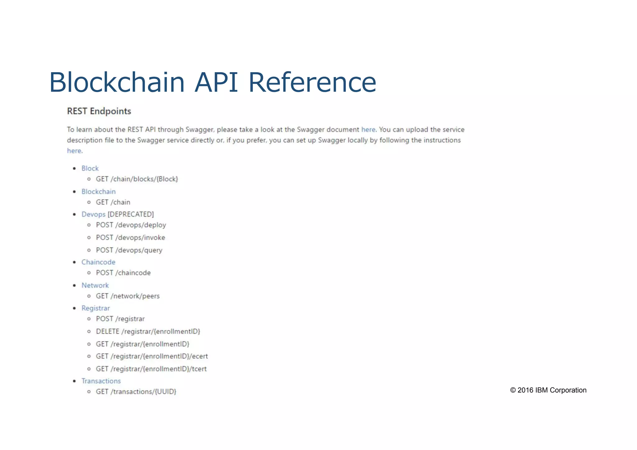 © 2016 IBM Corporation
Blockchain API Reference
 