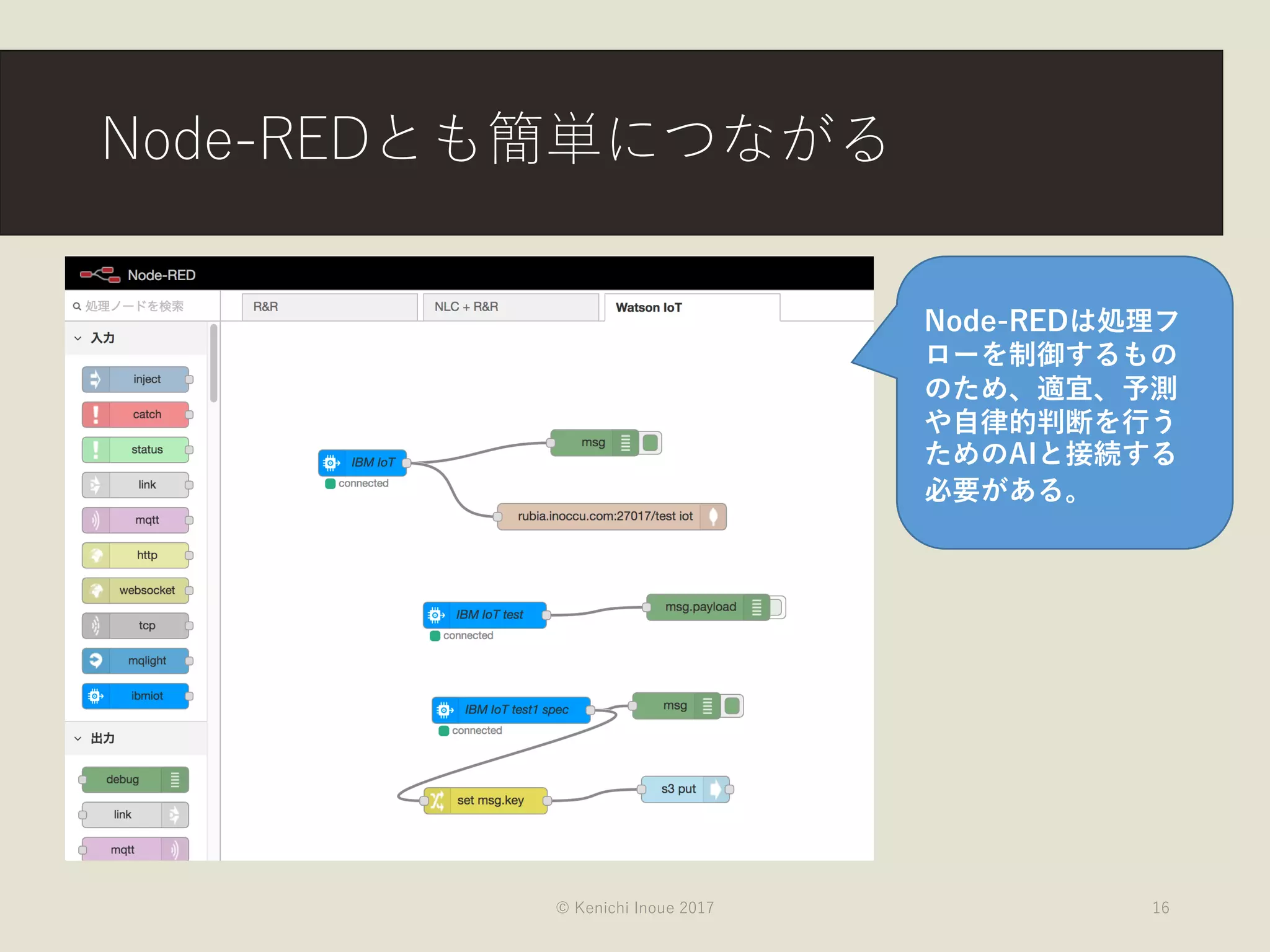 Node-REDとも簡単につながる
© Kenichi Inoue 2017 16
Node-REDは処理フ
ローを制御するもの
のため、適宜、予測
や自律的判断を行う
ためのAIと接続する
必要がある。
 