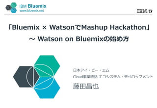 IBM Bluemix
www.bluemix.net
「Bluemix × WatsonでMashup Hackathon」
～ Watson on Bluemixの始め方
日本アイ・ビー・エム
Cloud事業統括 エコシステム・デベロップメント
藤田昌也
 