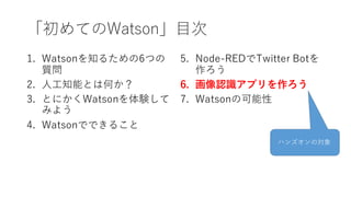 「初めてのWatson」⽬次
1. Watsonを知るための6つの
質問
2. ⼈⼯知能とは何か？
3. とにかくWatsonを体験して
みよう
4. Watsonでできること
5. Node-REDでTwitter Botを
作ろう
6. 画像認識アプリを作ろう
7. Watsonの可能性
ハンズオンの対象
 