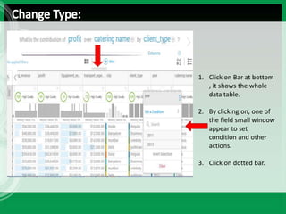 1. Click on Bar at bottom
, it shows the whole
data table.
2. By clicking on, one of
the field small window
appear to set
condition and other
actions.
3. Click on dotted bar.
 