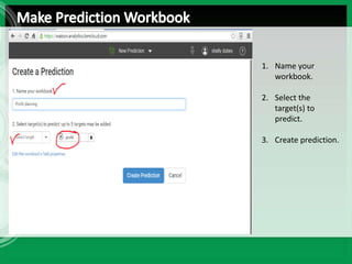 1. Name your
workbook.
2. Select the
target(s) to
predict.
3. Create prediction.
 