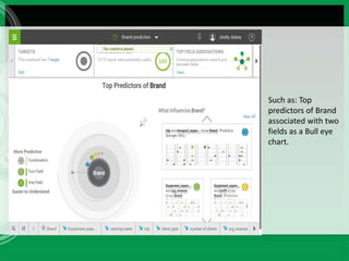 Such as: Top
predictors of Brand
associated with two
fields as a Bull eye
chart.
 