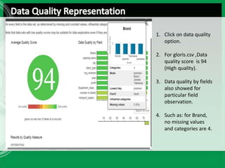 1. Click on data quality
option.
2. For gloris.csv ,Data
quality score is 94
(High quality).
3. Data quality by fields
also showed for
particular field
observation.
4. Such as: for Brand,
no missing values
and categories are 4.
 