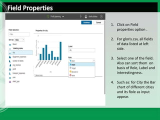 1. Click on Field
properties option .
2. For gloris.csv, all fields
of data listed at left
side.
3. Select one of the field.
Also can sort them on
basis of Role, Label and
interestingness.
4. Such as: for City the Bar
chart of different cities
and its Role as input
appear.
 