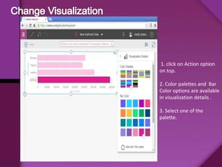 1. click on Action option
on top.
2. Color palettes and Bar
Color options are available
in visualization details .
3. Select one of the
palette.
 