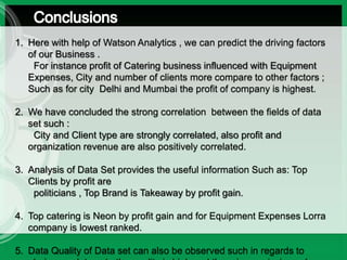 1. Here with help of Watson Analytics , we can predict the driving factors
of our Business .
For instance profit of Catering business influenced with Equipment
Expenses, City and number of clients more compare to other factors ;
Such as for city Delhi and Mumbai the profit of company is highest.
2. We have concluded the strong correlation between the fields of data
set such :
City and Client type are strongly correlated, also profit and
organization revenue are also positively correlated.
3. Analysis of Data Set provides the useful information Such as: Top
Clients by profit are
politicians , Top Brand is Takeaway by profit gain.
4. Top catering is Neon by profit gain and for Equipment Expenses Lorra
company is lowest ranked.
5. Data Quality of Data set can also be observed such in regards to
 