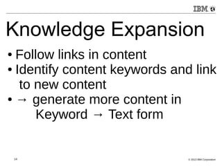 Knowledge Expansion 
● Follow links in content 
● Identify content keywords and link 
to new content 
● → generate more content in 
Keyword → Text form 
14 © 2013 IBM Corporation 
 