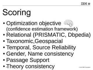 Scoring 
● Optimization objective 
(confidence estimation framework) 
● Relational (PRISMATIC, Dbpedia) 
● Taxonomic,Geospacial 
● Temporal, Source Reliability 
● Gender, Name consistency 
● Passage Support 
● 30 Theory consistency 
© 2013 IBM Corporation 
 