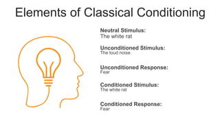 Elements of Classical Conditioning
Neutral Stimulus:
The white rat
Unconditioned Stimulus:
The loud noise
Unconditioned Response:
Fear
Conditioned Stimulus:
The white rat
Conditioned Response:
Fear
 