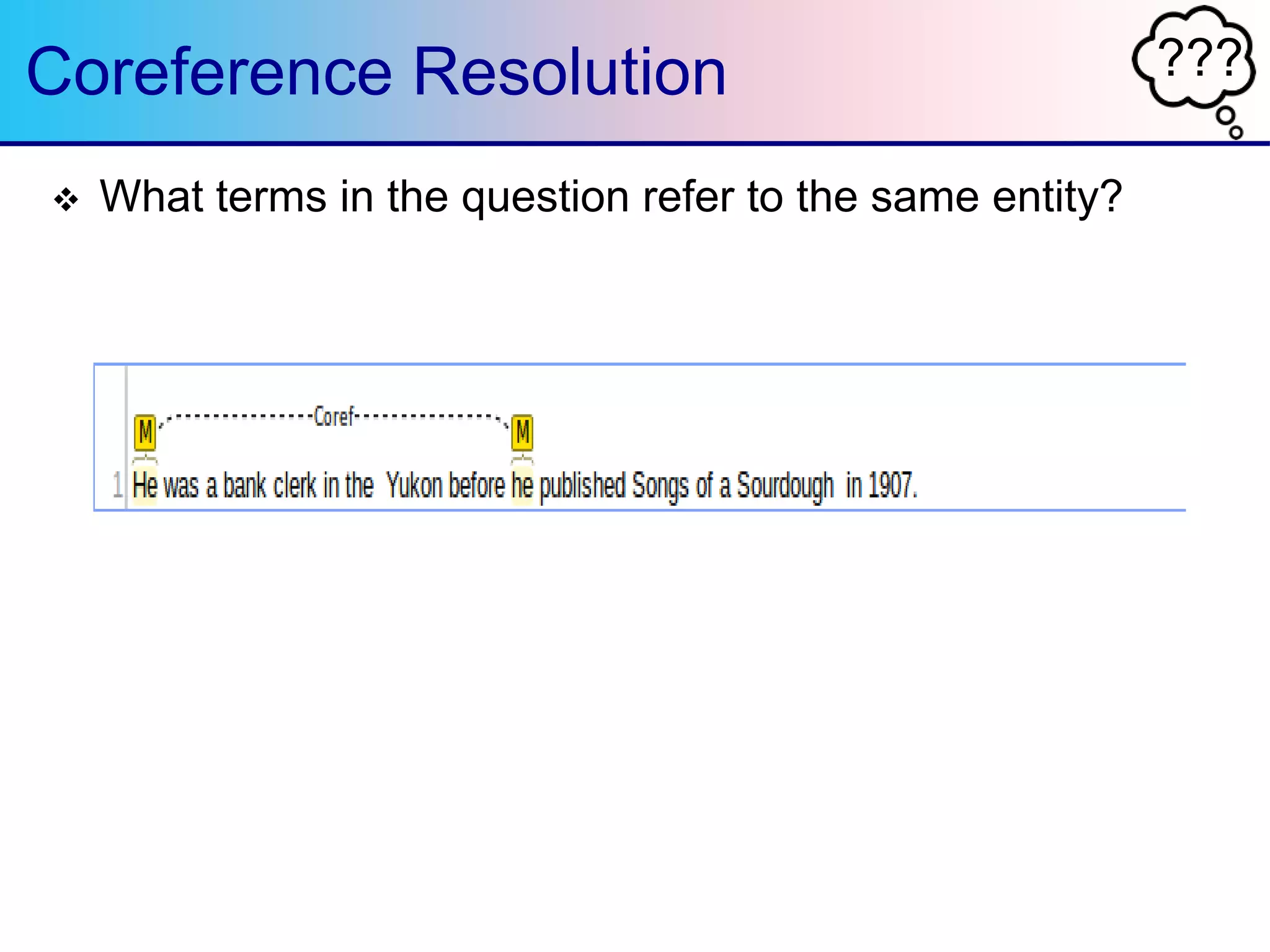 ???Coreference Resolution
 What terms in the question refer to the same entity?
 