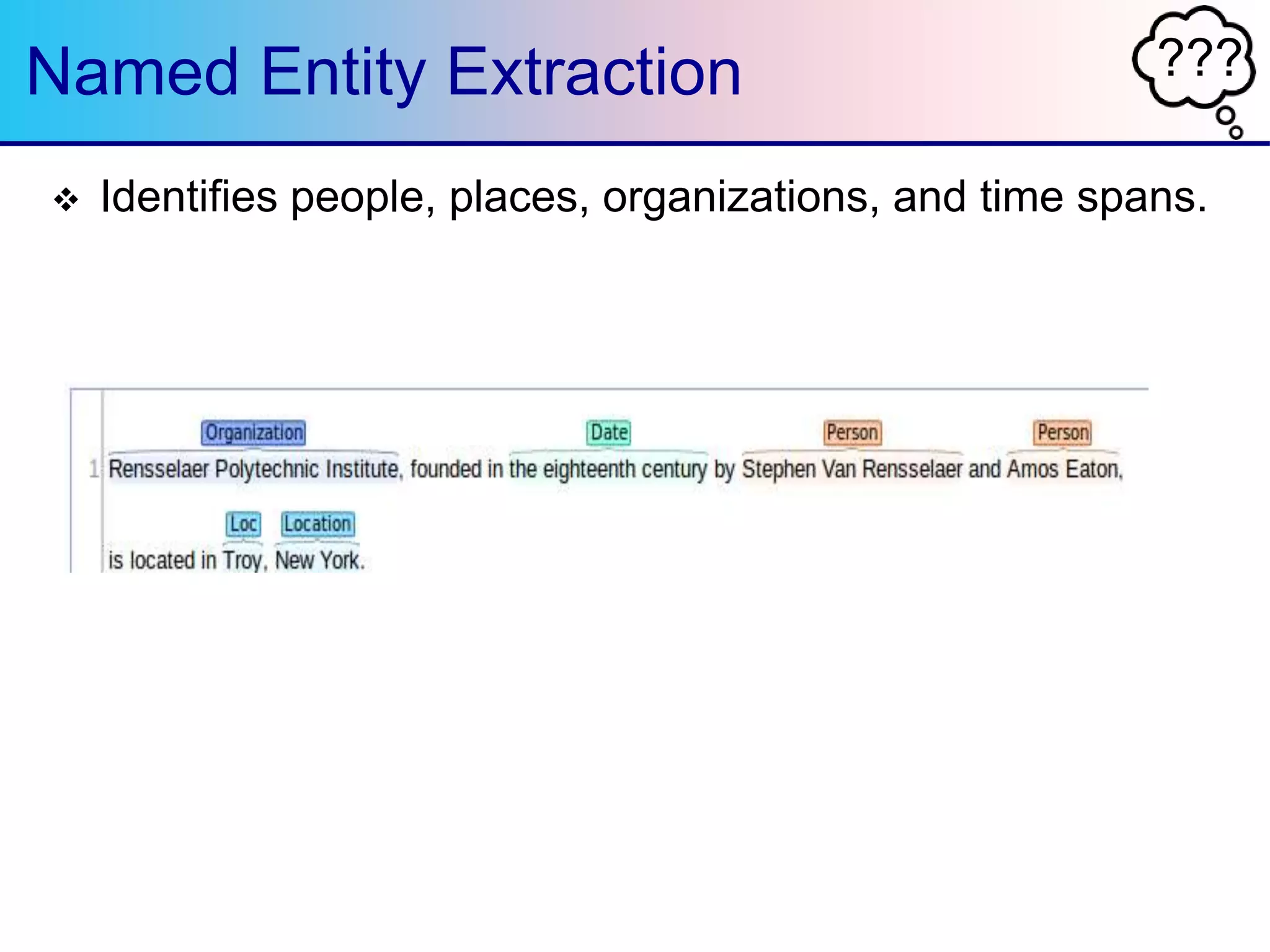 ???Named Entity Extraction
 Identifies people, places, organizations, and time spans.
 
