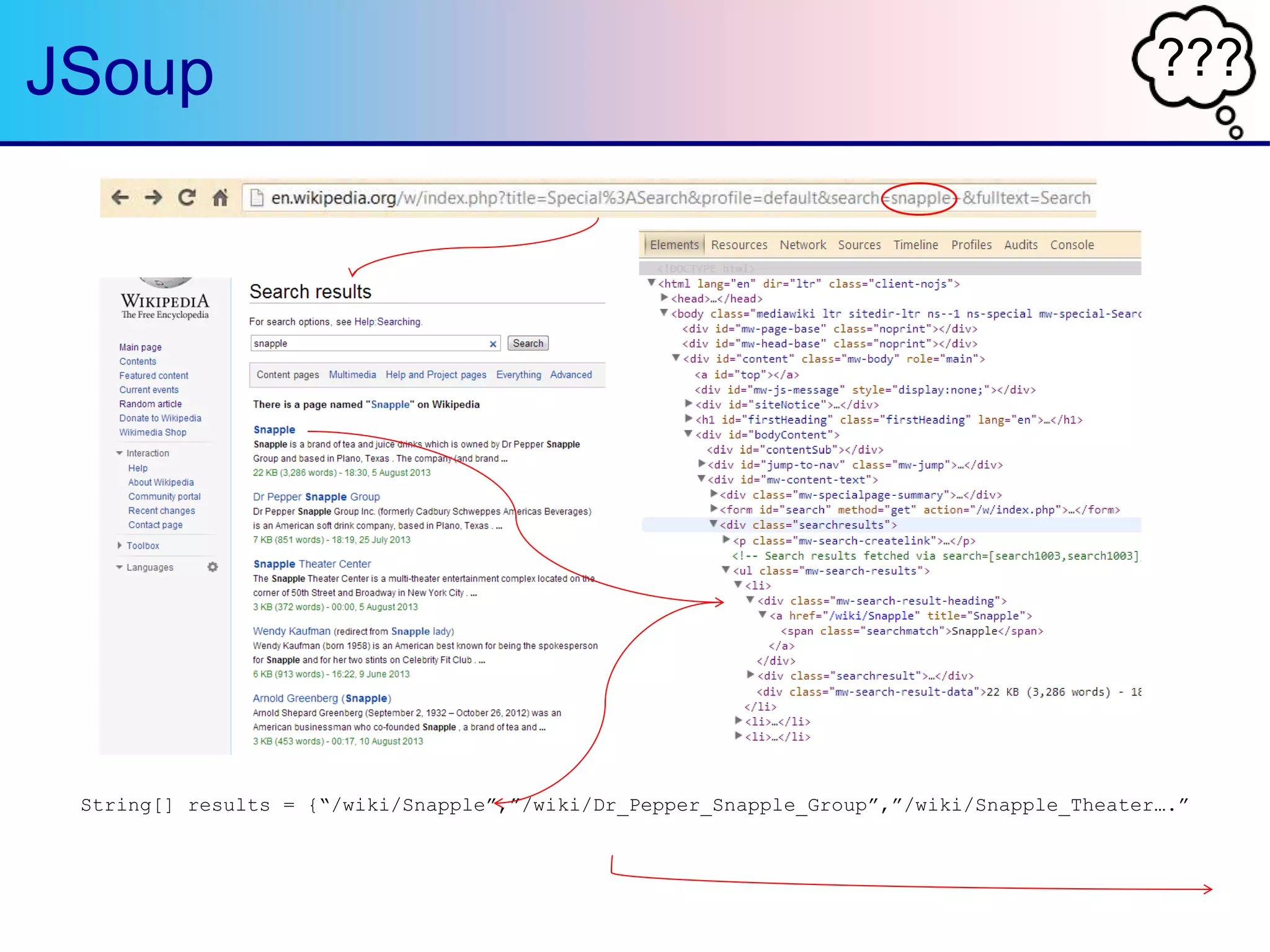 ???JSoup
String[] results = {“/wiki/Snapple”,”/wiki/Dr_Pepper_Snapple_Group”,”/wiki/Snapple_Theater….”
 
