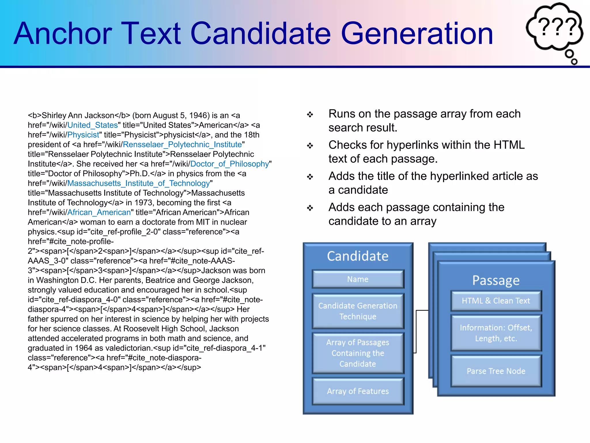 ???Anchor Text Candidate Generation
 Runs on the passage array from each
search result.
 Checks for hyperlinks within the HTML
text of each passage.
 Adds the title of the hyperlinked article as
a candidate
 Adds each passage containing the
candidate to an array
<b>Shirley Ann Jackson</b> (born August 5, 1946) is an <a
href="/wiki/United_States" title="United States">American</a> <a
href="/wiki/Physicist" title="Physicist">physicist</a>, and the 18th
president of <a href="/wiki/Rensselaer_Polytechnic_Institute"
title="Rensselaer Polytechnic Institute">Rensselaer Polytechnic
Institute</a>. She received her <a href="/wiki/Doctor_of_Philosophy"
title="Doctor of Philosophy">Ph.D.</a> in physics from the <a
href="/wiki/Massachusetts_Institute_of_Technology"
title="Massachusetts Institute of Technology">Massachusetts
Institute of Technology</a> in 1973, becoming the first <a
href="/wiki/African_American" title="African American">African
American</a> woman to earn a doctorate from MIT in nuclear
physics.<sup id="cite_ref-profile_2-0" class="reference"><a
href="#cite_note-profile-
2"><span>[</span>2<span>]</span></a></sup><sup id="cite_ref-
AAAS_3-0" class="reference"><a href="#cite_note-AAAS-
3"><span>[</span>3<span>]</span></a></sup>Jackson was born
in Washington D.C. Her parents, Beatrice and George Jackson,
strongly valued education and encouraged her in school.<sup
id="cite_ref-diaspora_4-0" class="reference"><a href="#cite_note-
diaspora-4"><span>[</span>4<span>]</span></a></sup> Her
father spurred on her interest in science by helping her with projects
for her science classes. At Roosevelt High School, Jackson
attended accelerated programs in both math and science, and
graduated in 1964 as valedictorian.<sup id="cite_ref-diaspora_4-1"
class="reference"><a href="#cite_note-diaspora-
4"><span>[</span>4<span>]</span></a></sup>
 