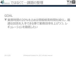 ではなくて…課題の整理
GOAL
業務時間の20%を占める情報検索時間を減らし、最
適な回答を入手できる事で業務効率を上げつつ、レ
ギュレーションを徹底したい
2017/4/28 ©Miotsukushi Analytics Inc. 2017, All rights reserved.
 
