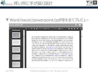 痒い所に手が届く設計
Word/excel/powerpoint/pdf等を全てプレビュー
2017/4/28 ©Miotsukushi Analytics Inc. 2017, All rights reserved.
 