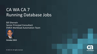 1 © 2015 CA. All rights reserved. CA confidential and proprietary information. No unauthorized use, copying or distribution.
October 2015
© 2015 CA. All rights reserved.
CA WA CA 7
Running Database Jobs
Bill Sherwin
Senior Principal Consultant
EMEA Workload Automation Team
 