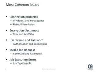 20 © 2015 CA. ALL RIGHTS RESERVED.
Most Common Issues
 Connection problems
– IP Address and Port Settings
– Firewall Permissions
 Encryption disconnect
– Type and Key Value
 User Name and Password
– Authorisation and permissions
 Invalid Job Request
– Command and Parameters
 Job Execution Errors
– Job Type Specific
 