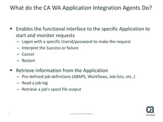 9 © 2015 CA. ALL RIGHTS RESERVED.
What do the CA WA Application Integration Agents Do?
 Enables the functional interface to the specific Application to
start and monitor requests
– Logon with a specific Userid/password to make the request
– Interpret the Success or failure
– Cancel
– Restart
 Retrieve information from the Application
– Pre-defined job definitions (ABAPS, Workflows, Job lists, etc..)
– Read a job log
– Retrieve a job’s spool file output
 