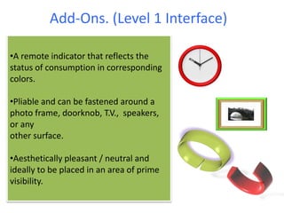 Add-Ons. (Level 1 Interface)
•A remote indicator that reflects the
status of consumption in corresponding
colors.
•Pliable and can be fastened around a
photo frame, doorknob, T.V., speakers,
or any
other surface.
•Aesthetically pleasant / neutral and
ideally to be placed in an area of prime
visibility.
 