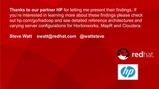 Thanks to our partner HP for letting me present their findings. If
     you’re interested in learning more about these findings please check
     out hp.com/go/hadoop and see detailed reference architectures and
     varying server configurations for Hortonworks, MapR and Cloudera.

     Steve Watt   swatt@redhat.com @wattsteve




19
 