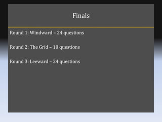Finals Round 1: Windward – 24 questions Round 2: The Grid – 10 questions  Round 3: Leeward – 24 questions 