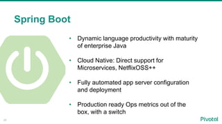 26
• Dynamic language productivity with maturity
of enterprise Java
• Cloud Native: Direct support for
Microservices, NetflixOSS++
• Fully automated app server configuration
and deployment
• Production ready Ops metrics out of the
box, with a switch
Spring Boot
 