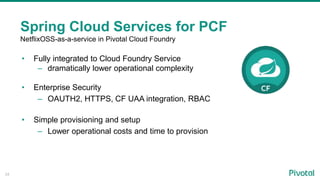 34
• Fully integrated to Cloud Foundry Service
– dramatically lower operational complexity
• Enterprise Security
– OAUTH2, HTTPS, CF UAA integration, RBAC
• Simple provisioning and setup
– Lower operational costs and time to provision
Spring Cloud Services for PCF
NetflixOSS-as-a-service in Pivotal Cloud Foundry
 