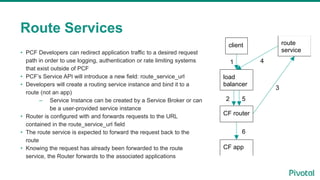 • PCF Developers can redirect application traffic to a desired request
path in order to use logging, authentication or rate limiting systems
that exist outside of PCF
• PCF’s Service API will introduce a new field: route_service_url
• Developers will create a routing service instance and bind it to a
route (not an app)
– Service Instance can be created by a Service Broker or can
be a user-provided service instance
• Router is configured with and forwards requests to the URL
contained in the route_service_url field
• The route service is expected to forward the request back to the
route
• Knowing the request has already been forwarded to the route
service, the Router forwards to the associated applications
Route Services
client
load
balancer
CF router
CF app
route
service
1
2
3
4
5
6
 