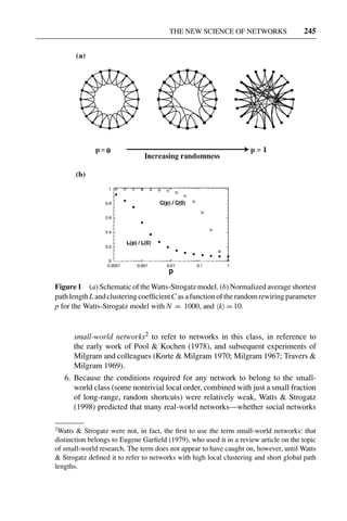 3 Jun 2004 17:3 AR AR219-SO30-12.tex AR219-SO30-12.sgm LaTeX2e(2002/01/18) P1: IBC
THE NEW SCIENCE OF NETWORKS 245
Figure 1 (a) Schematic of the Watts-Strogatz model. (b) Normalized average shortest
pathlengthLandclusteringcoefﬁcientCasafunctionoftherandomrewiringparameter
p for the Watts-Strogatz model with N = 1000, and k = 10.
small-world networks2 to refer to networks in this class, in reference to
the early work of Pool & Kochen (1978), and subsequent experiments of
Milgram and colleagues (Korte & Milgram 1970; Milgram 1967; Travers &
Milgram 1969).
6. Because the conditions required for any network to belong to the small-
world class (some nontrivial local order, combined with just a small fraction
of long-range, random shortcuts) were relatively weak, Watts & Strogatz
(1998) predicted that many real-world networks—whether social networks
2
Watts & Strogatz were not, in fact, the ﬁrst to use the term small-world networks: that
distinction belongs to Eugene Garﬁeld (1979), who used it in a review article on the topic
of small-world research. The term does not appear to have caught on, however, until Watts
& Strogatz deﬁned it to refer to networks with high local clustering and short global path
lengths.
 