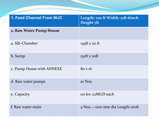 1. Feed Channel From WJC Length: 100 ft Width: 12ft-6inch
Height 7ft
2. Raw Water Pump House
a. Silt-Chamber 145ft x 20 ft
b. Sump 152ft x 20ft
c. Pump House with ANNEXE 80 x 16
d. Raw water pumps 10 Nos.
e. Capacity 110 kw 22MGD each
f. Raw water main 4 Nos.---1100 mm dia Length-100ft
 