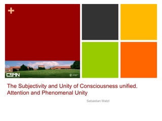 +
The Subjectivity and Unity of Consciousness unified.
Attention and Phenomenal Unity
Sebastian Watzl
 