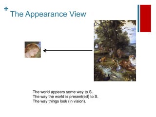 +
    The Appearance View




         The world appears some way to S.
         The way the world is present(ed) to S.
  ...