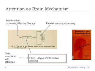 Attention as Brain Mechanism
Serial central
processing/Memory Storage

Get’s
associated
with
attention

Parallel sensory processing

Filter ~ a type of information
channel
Broadbent 1958, p. 216

 