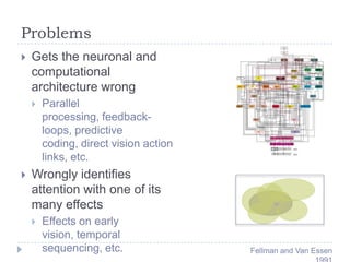Problems


Gets the neuronal and
computational
architecture wrong




Parallel
processing, feedbackloops, predictive
coding, direct vision action
links, etc.

Wrongly identifies
attention with one of its
many effects


Effects on early
vision, temporal
sequencing, etc.

Fellman and Van Essen

 