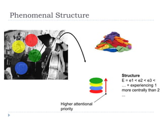 Phenomenal Structure

Structure
E = e1 < e2 < e3 <
… = experiencing 1
more centrally than 2
...

Higher attentional
priority

 