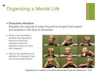 +
Organizing a Mental Life
 Executive attention
Roughly, the capacity to keep focused on long(er) term goals
and projects...