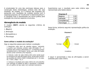 43

A simplicidade foi uma das premissas básicas para a             Suponhamos que o resultado para cada critério seja
construção desta metodologia, embora esta não seja              representado pela tabela abaixo:
simplista. No modelo, os 5 critérios são avaliados por
perguntas com resultados de múltipla escolha com 5
respostas possíveis: de “insuficiente” a “altamente eficaz”).
O resultado final é representado em forma gráfica para
avaliação dos diversos aspectos envolvidos.


Abrangência do modelo
O modelo (NICT) aborda os seguintes critérios de
avaliação:
                                                                Desta forma, teríamos seguinte representação gráfica da
1. negócio                                                      avaliação:
2. interação
3. competência e
4. Tecnologia


Como utilizar o modelo de avaliação?
Siga os seguintes passos para realizar a avaliação:
   1. Responda cada item da planilha abaixo, indicando
   o quanto sua empresa cumpre cada afirmação (0 – a
   empresa não cumpre a afirmação a 4 – a empresa cumpre
   completamente a afirmação), sendo que cada afirmação
   deverá conter somente uma resposta;
   2. Calcule o valor de cada critério (VC) como sendo igual
   ao somatório de cada afirmação (SCA), divido pelo número     A seguir é apresentada a lista de afirmações a serem
   de questões do critério (NQC) multiplicado por 4. Ou seja,   avaliadas para cada critério.
   VC = SCA / (NQC * 4); e
   3. Coloque o resultado para cada critério em uma planilha
   (ver exemplo na tabela ao lado) e apresente o resultado
   em um gráfico do tipo radar (ver exemplo ilustrativo).

                                                                                                                  |índice
 