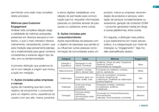 permitindo uma visão mais completa
deste processo.
Métricas para Customer
Engagement
Analisar esta complexa relação exige
a viabilidade de métricas avançadas
presentes em diversos escopos e con-
textos, o que o meio interativo oferece
nativamente, necessitando, porém, que
esta medição seja previamente planeja-
da e implementada para gerar números
consistentes e evitando algum tipo de
viés, erro ou tendenciosidade.
A primeira distinção que podemos fa-
zer é com relação à origem que iniciou
a ação em medição:
1- Ações iniciadas pelas empresas
e marcas:
Ações de marketing que tem como
objetivo de encaminhar o consumidor
para um objetivo como: experiência do
usuário com seu site, marca, produtos
e ativos digitais; estabelecer uma
relação de permissão para comuni-
cação (opt-in); requisitar informações
pessoais ou opiniões através de pes-
quisas ou cadastros; entre outras.
2- Ações iniciadas pelo
consumidor/cliente:
Ações espontâneas de pessoas com
o objetivo de expressar sua opinião e/
ou influenciar outras pessoas como:
formação de comunidades sobre um
produto, marca ou empresa; recomen-
dação de produtos e serviços; solici-
tação de serviços complementares ou
acessórios; geração de conteúdo (CGM
- consumer generated media) em blogs
e outras plataformas; entre outras.
Em seguida, a distinção mais prática
e que exploraremos em nosso estudo
prático, é a categorização por níveis de
interação ou “engajamento”. Veja mo-
delo exemplificado abaixo:
Categoria Ações Métricas Engajamento
Interação e
Experiência
Navegação no site,
Vídeos, Download
Audiência, Tempo de visita, Frequência/
Recência, Eventos,
Profundidade de navegação
Baixo
Relacionamento
Cadastro, Contato,
Opt-in, Assinar Feed
Conversão em cadastros, contatos,
opt-ins, assinaturas
Médio
Colaboração
Comentar, gerar con-
teúdo, avaliar, votar
Envio de comentários, conteúdos
enviados, frequência de
colaboração, Qualidade da colaboração
(positiva/negativa)
Alto
Viralização
Enviar para amigo,
re-publicar
(syndication)
Indicações enviadas, conteúdos
re-publicados, audiência
multiplicada
Altíssimo
Transação
Compras diretas,
assinaturas,
recomendação direta
de compra
Conversão em Compras/Assinaturas,
recomendações
realizadas, recomendações convertidas
Altíssimo
66
 ÍNDICE
 