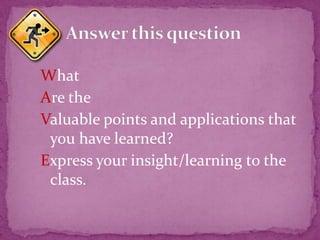 What
Are the
Valuable points and applications that
you have learned?
Express your insight/learning to the
class.

 