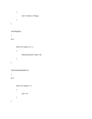 { 
x[i]+=(values-i-1)*gap; 
} 
} 
void display() 
{ 
int i; 
for(i=0;i<values-1;i++) 
{ 
line(x[i],y[i],x[i+1],y[i+1]); 
} 
} 
void translate(double tx) 
{ 
int i; 
for(i=0;i<values;i++) 
{ 
x[i]+=tx; 
} 
} 
 