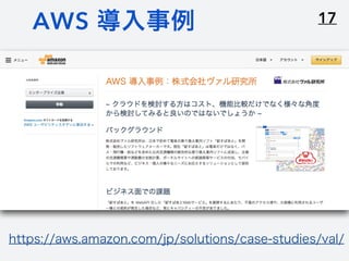 17AWS 導入事例
https://aws.amazon.com/jp/solutions/case-studies/val/
 