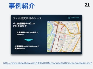 21事例紹介
http://www.slideshare.net/SORACOM/connectedt2soracom-beam-iot/
 