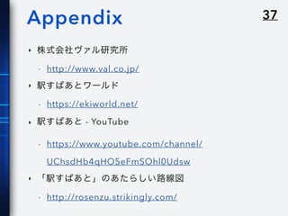 37Appendix
‣ 株式会社ヴァル研究所
- http://www.val.co.jp/
‣ 駅すぱあとワールド
- https://ekiworld.net/
‣ 駅すぱあと - YouTube
- https://www.youtube.com/channel/
UChsdHb4qHO5eFmSOhl0Udsw
‣ 「駅すぱあと」のあたらしい路線図
- http://rosenzu.strikingly.com/
 