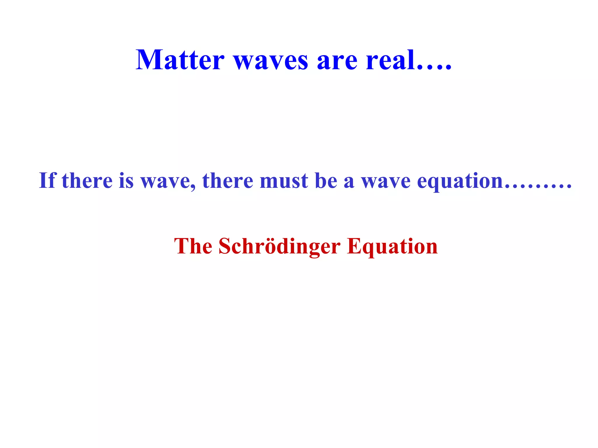 Matter waves are real….
If there is wave, there must be a wave equation………
The Schrödinger Equation
 