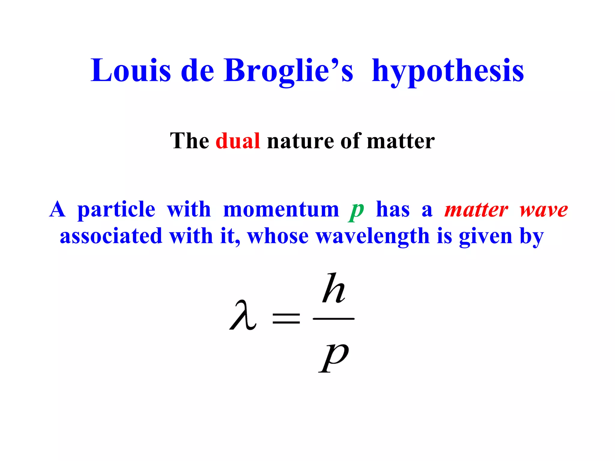 Louis de Broglie’s hypothesis
The dual nature of matter
A particle with momentum p has a matter wave
associated with it, whose wavelength is given by
 